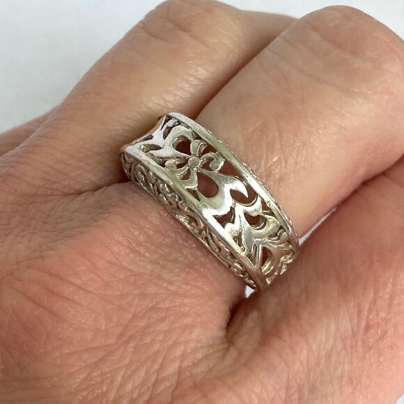 Sterling Silver 925 Filigree Openwork Scrollwork 10MM Wide Band Ring Sz 7.25 - Picture 3 of 16